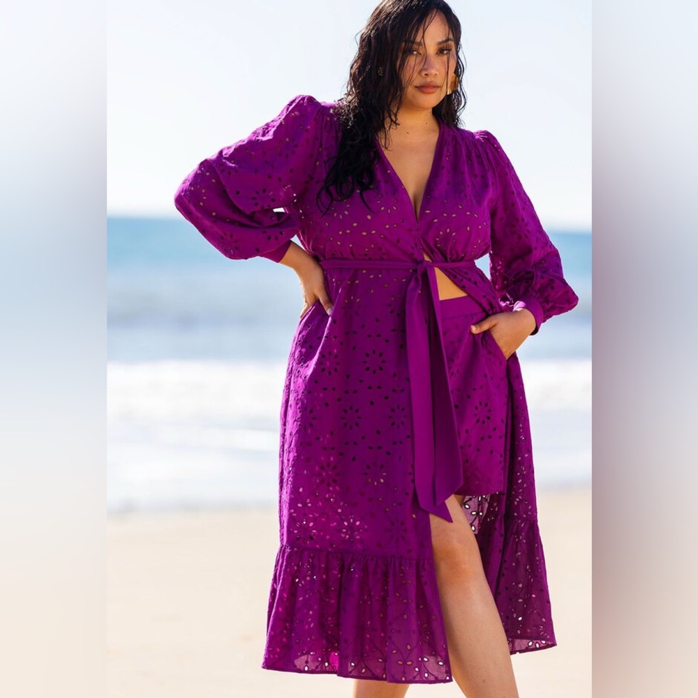 Long Eyelet Coverup Duster With Puff Sleeve, Grape Juice 18/20